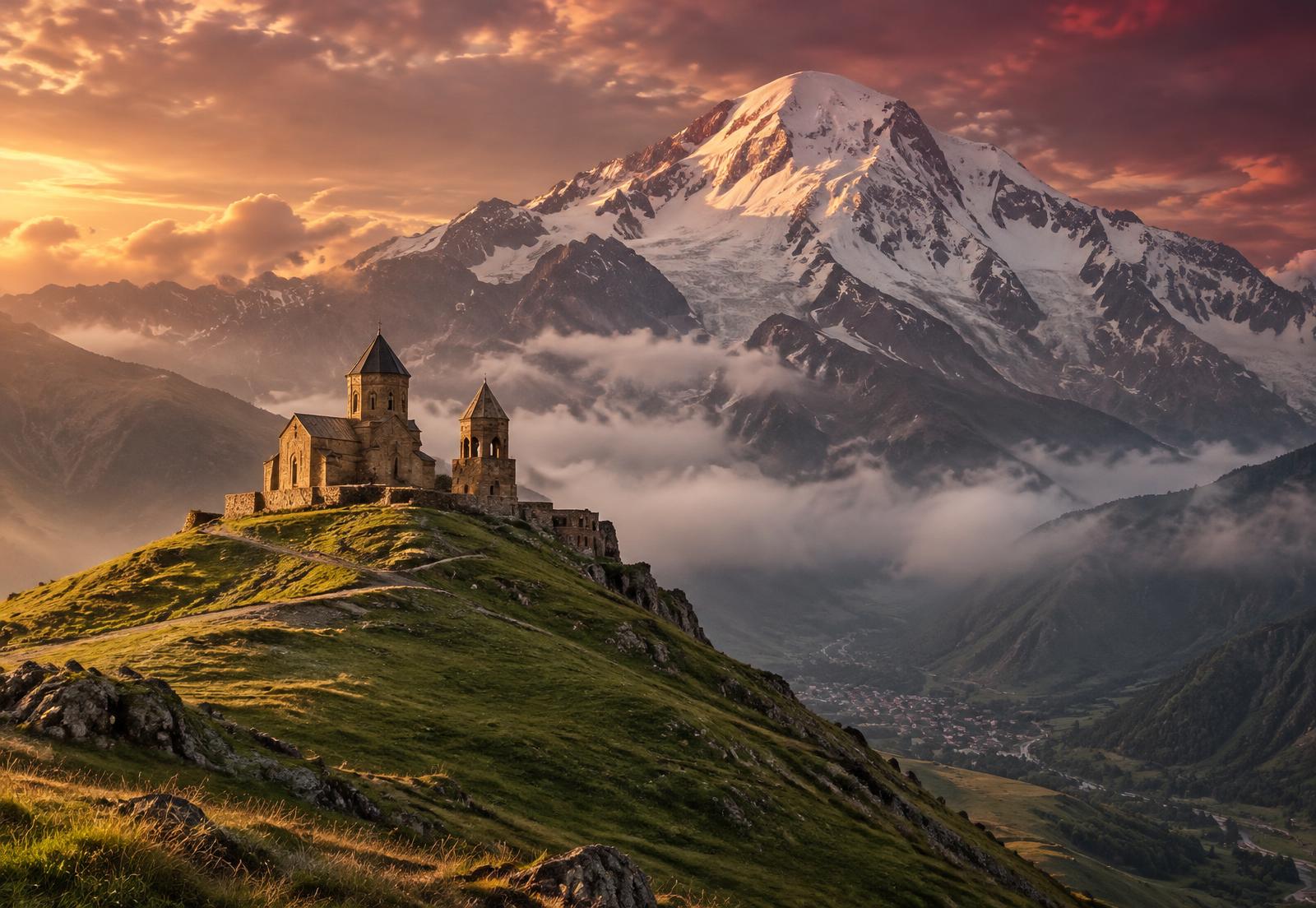 Gergeti Trinity Church beneath Mount Kazbek at sunset